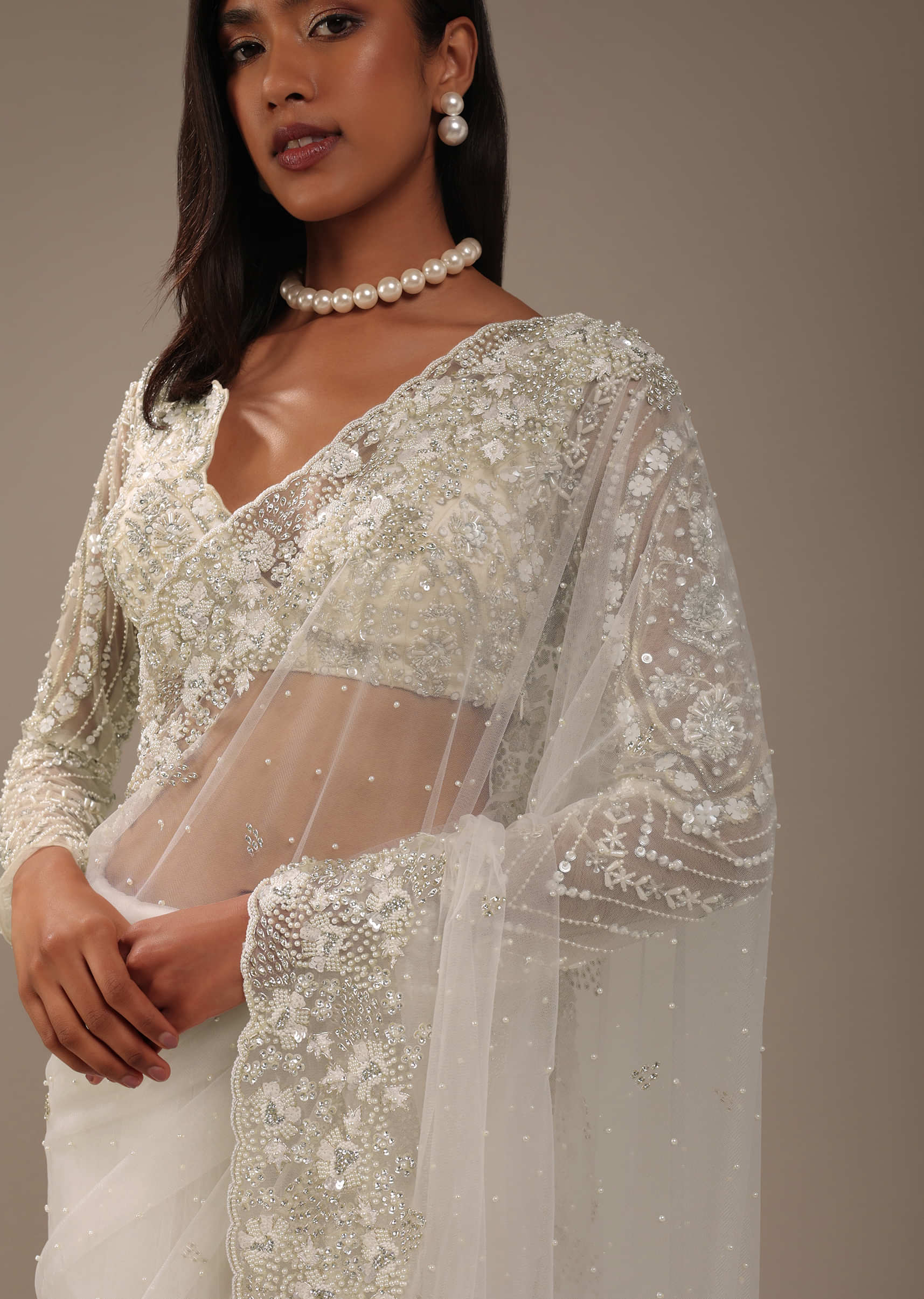 Blush Pink Pearl Embellished Net Saree With Blouse