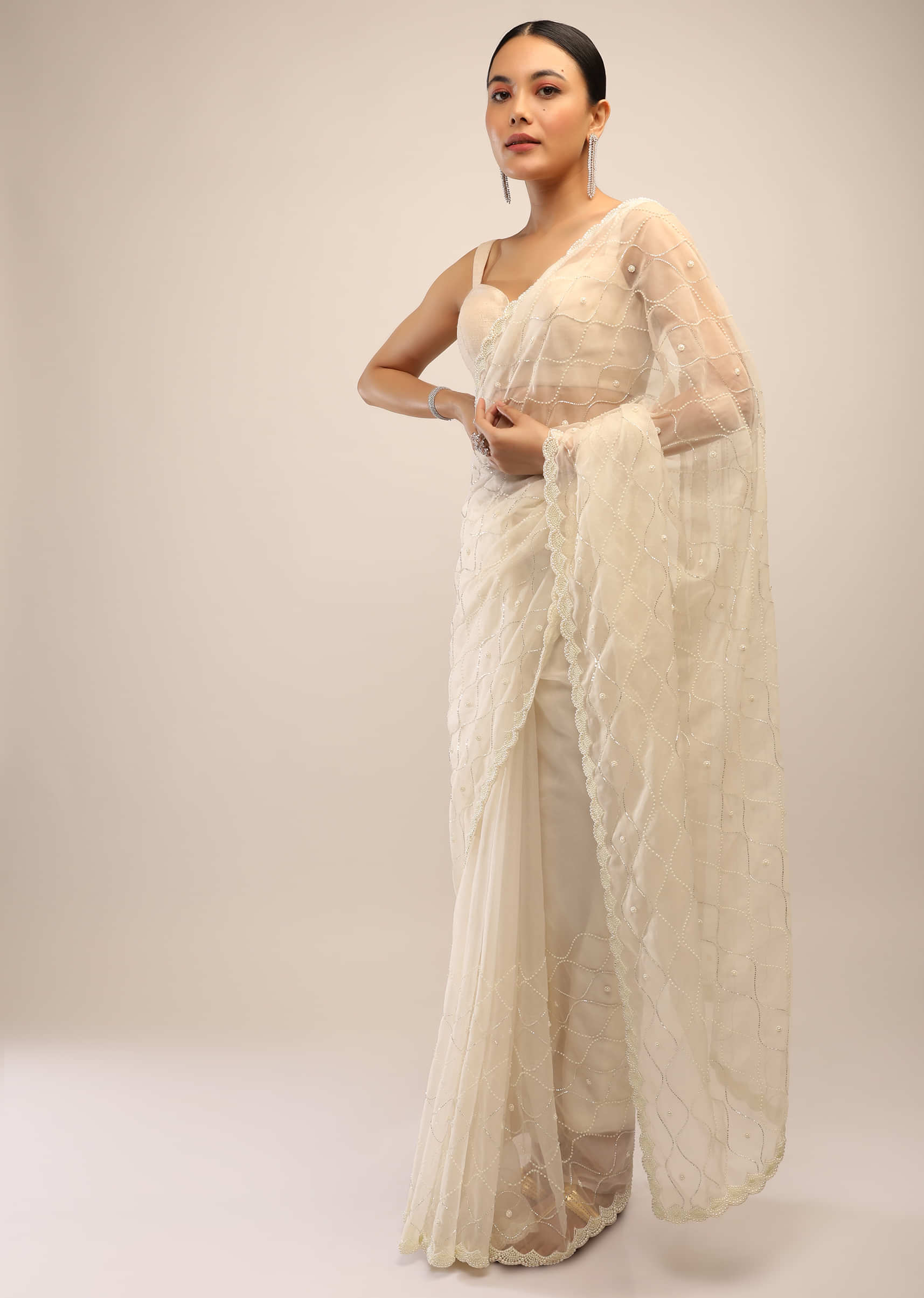 Pearl White Saree In Organza With Cut Dana And Pearl Mesh Motifs And Scallop Border