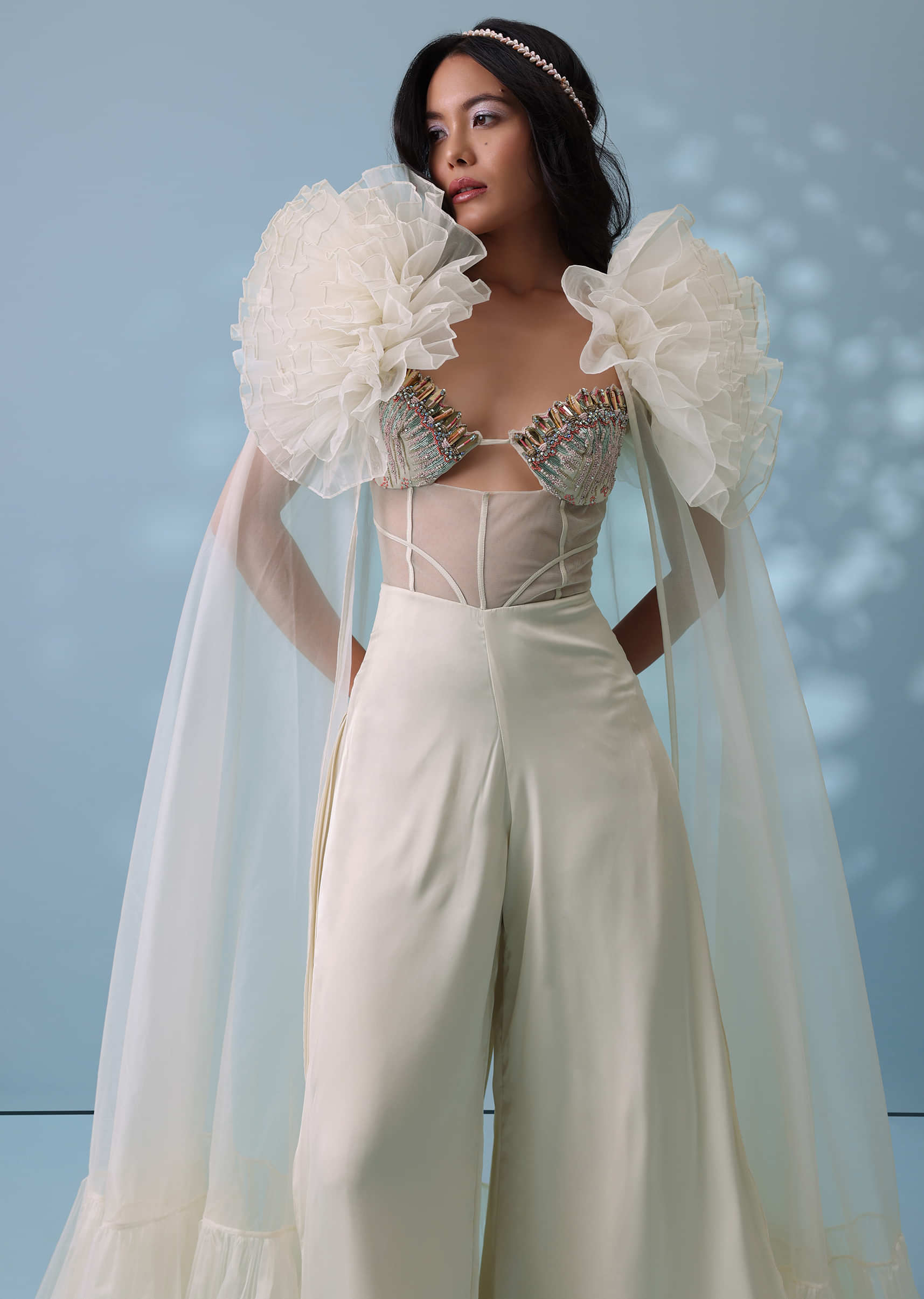 Pearl White Satin Indowestern Embroidered Jumpsuit With Net Shrug