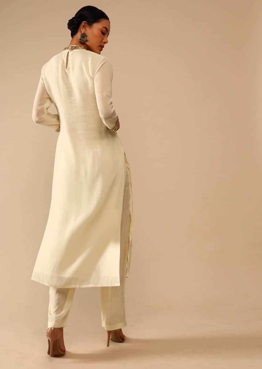 Pearl White Straight Cut Suit Without dupatta in Sequin Embellished Buttis  