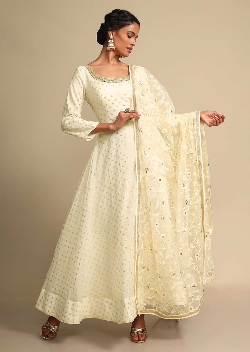 Pearl White Suit In Cotton Silk With Matching Net Dupatta  