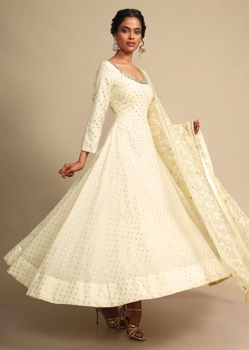 Pearl White Suit In Cotton Silk With Matching Net Dupatta  