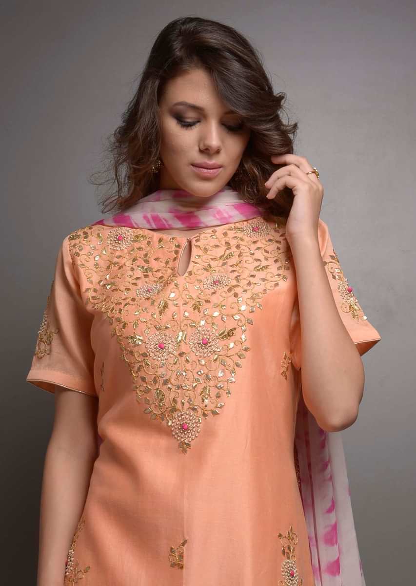 Peach embroidered suit with matching palazzo and dyed dupatta