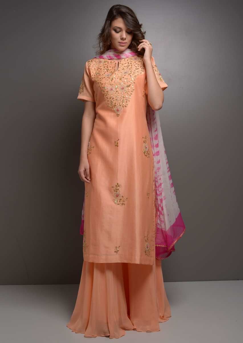 Peach embroidered suit with matching palazzo and dyed dupatta