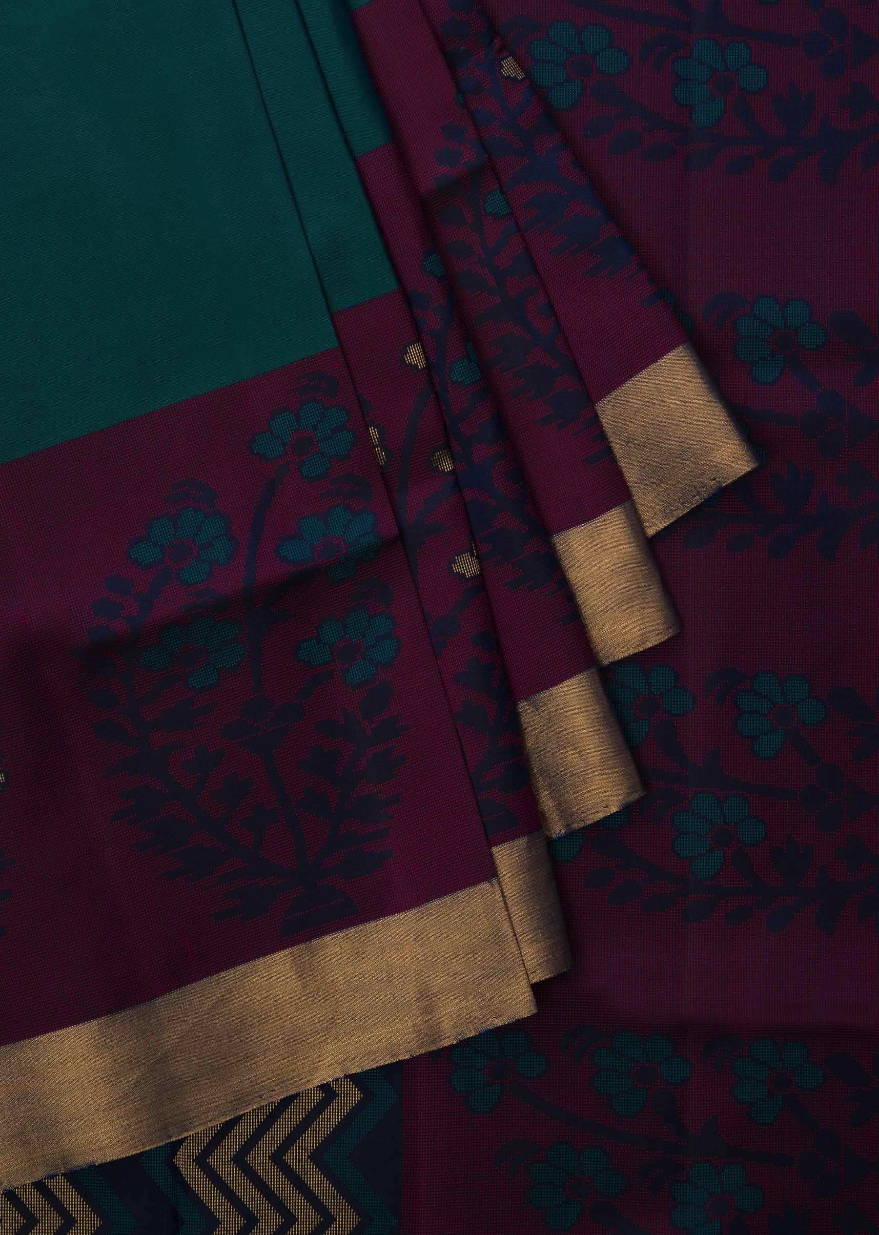 Peocock Green And Pink Saree In Silk Beautified In Weaved Embroidery Online - Kalki Fashion