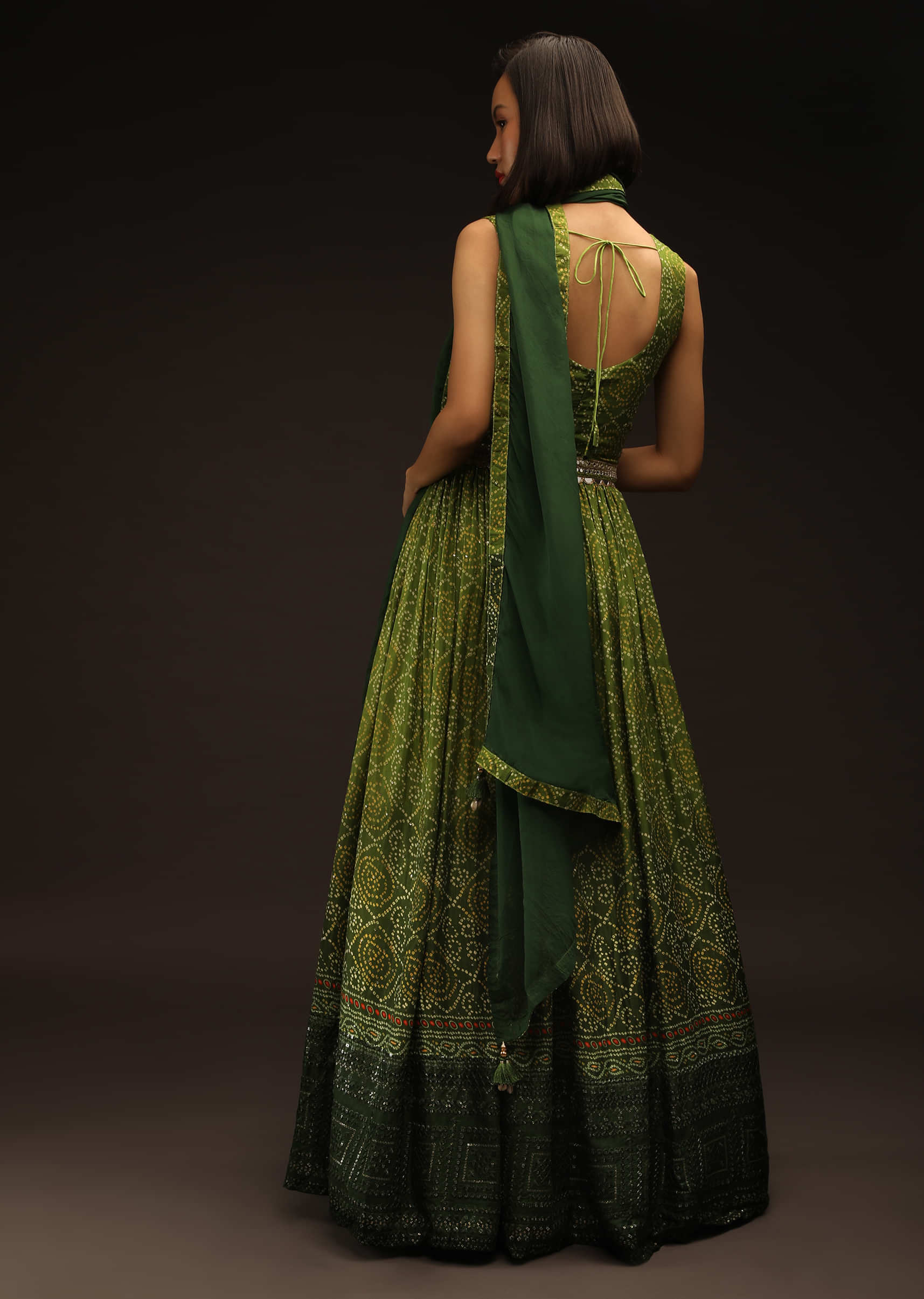 Peridot Green And Olive Ombre Anarkali Suit In Silk With Bandhani Print And Mirror Embroidery