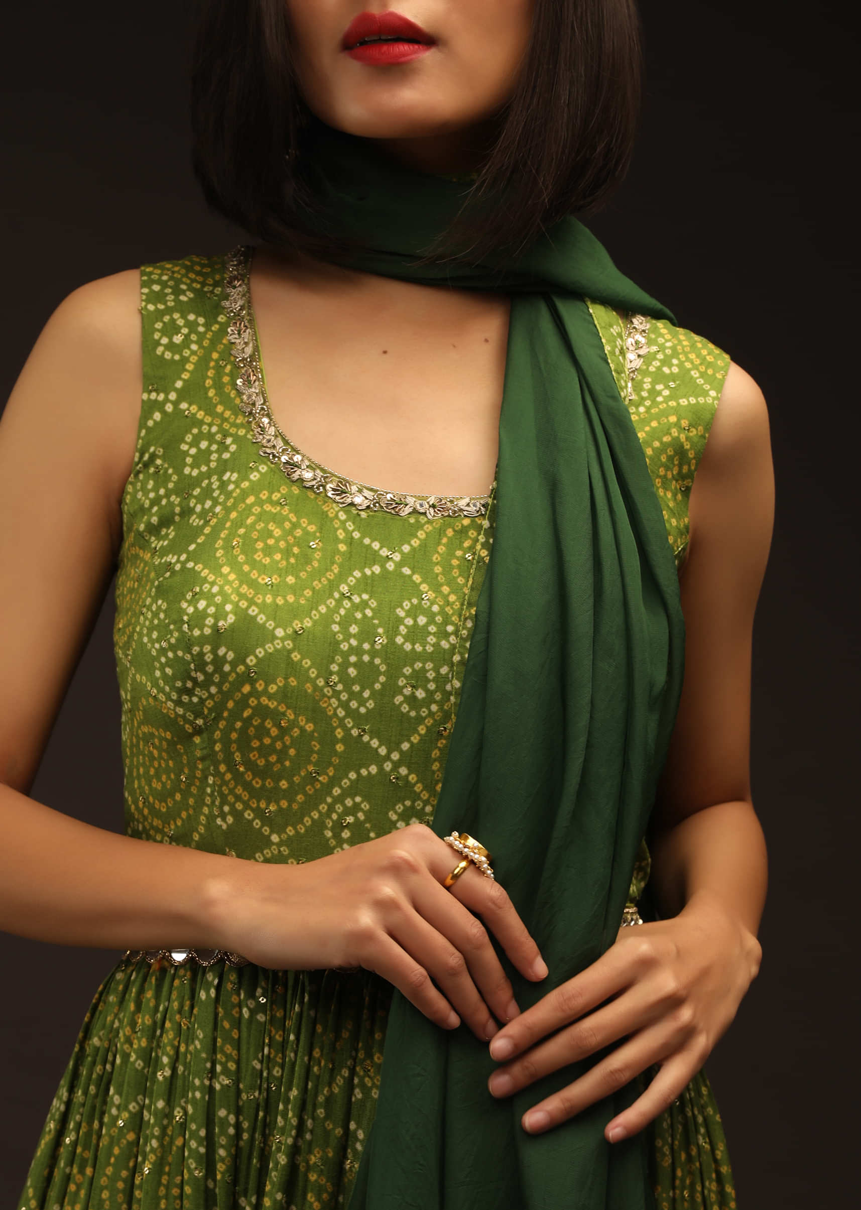Peridot Green And Olive Ombre Anarkali Suit In Silk With Bandhani Print And Mirror Embroidery