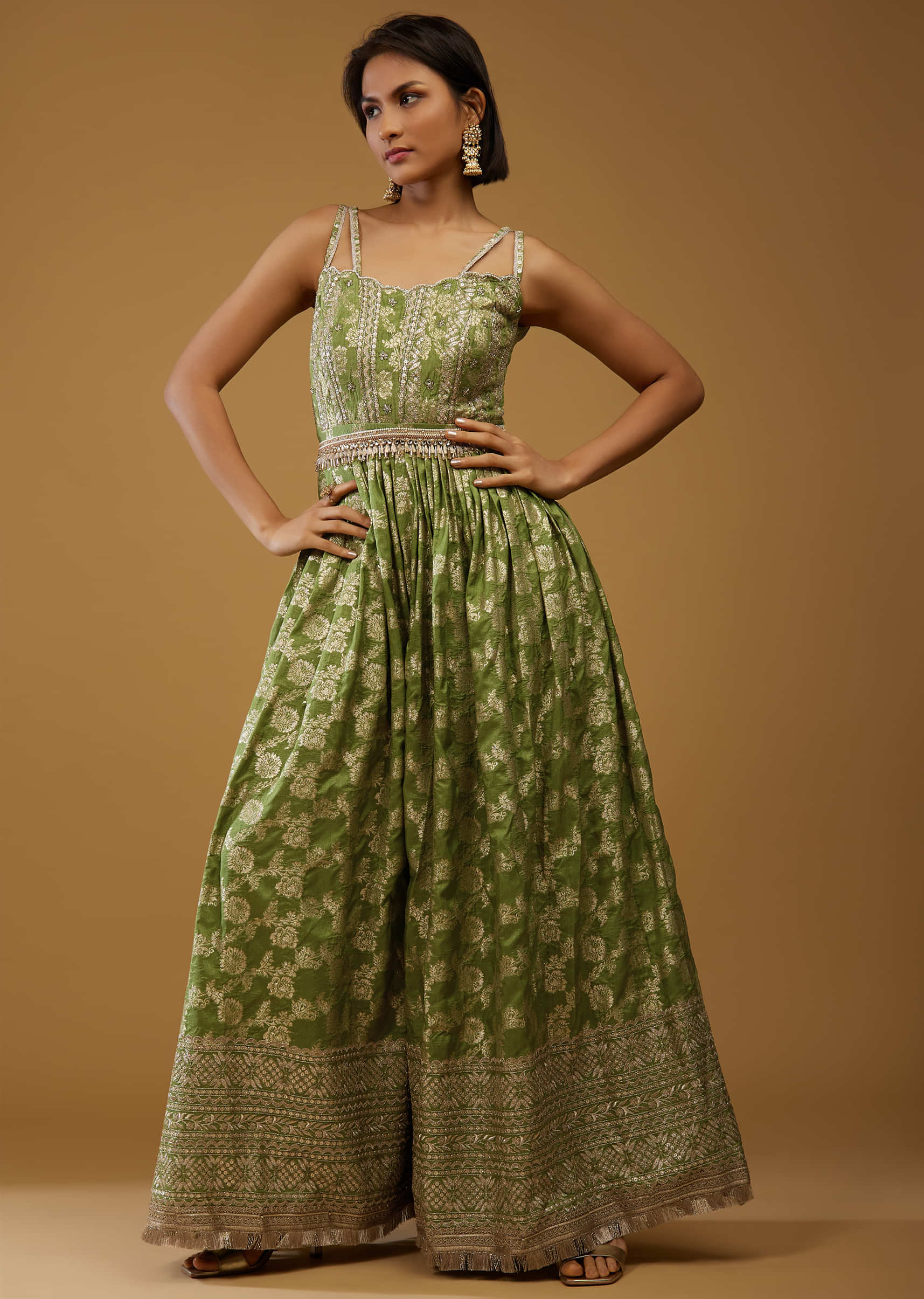 Olive Green Festive Jumpsuit In Silk With Brocade Weave And Embroidery