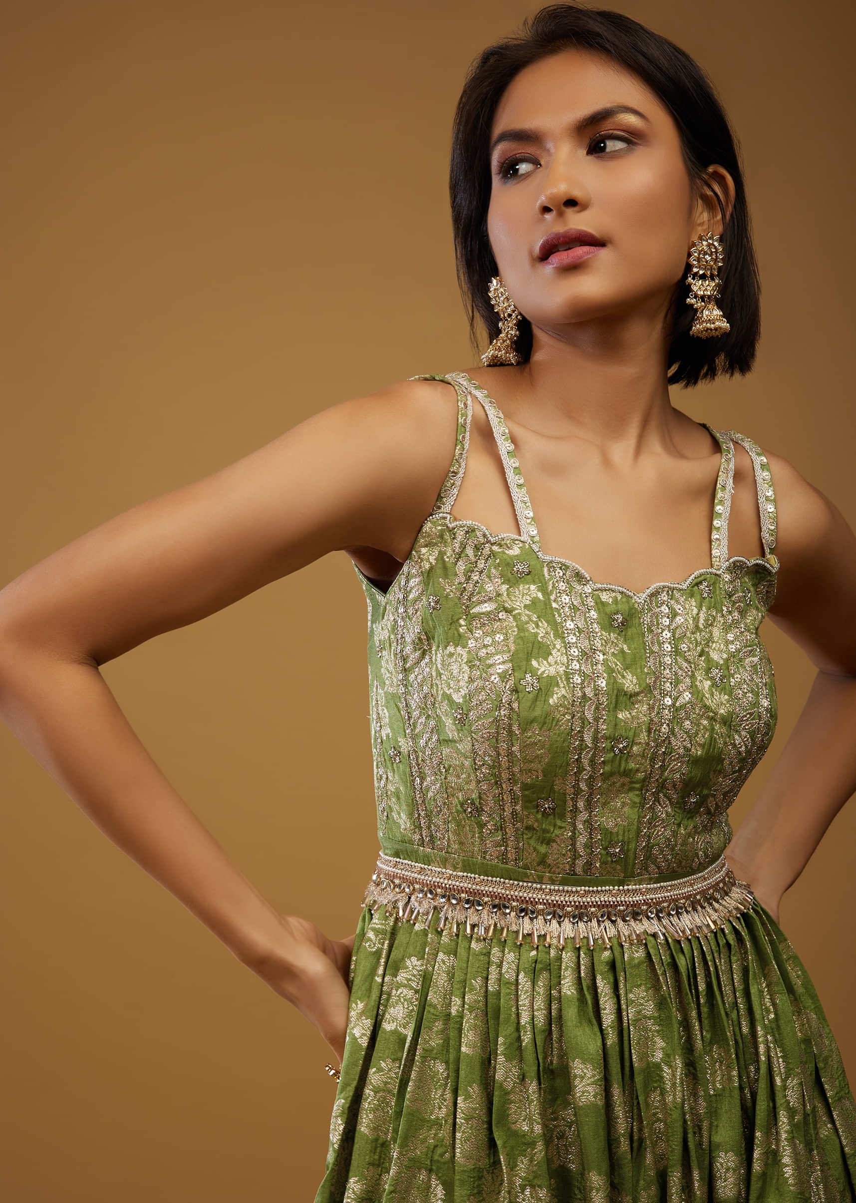 Olive Green Festive Jumpsuit In Silk With Brocade Weave And Embroidery