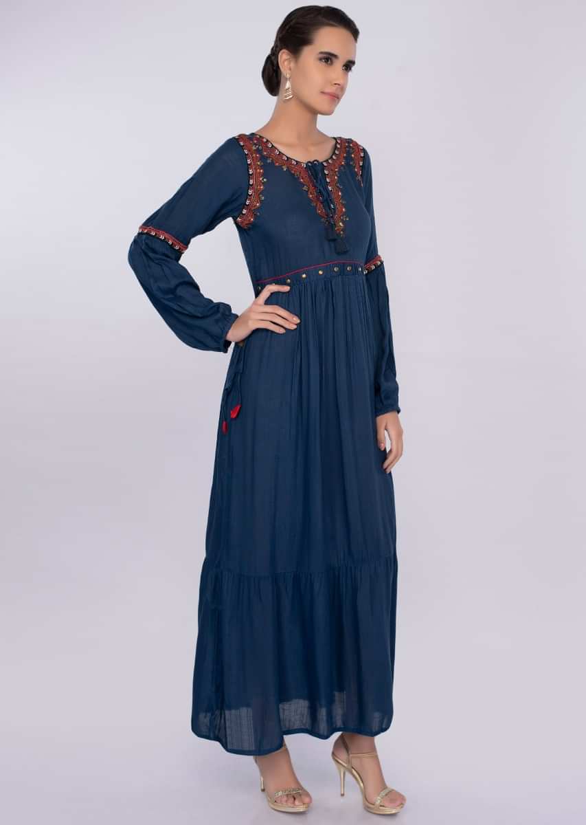 Persian blue cotton tunic dress with gathers only on kalki