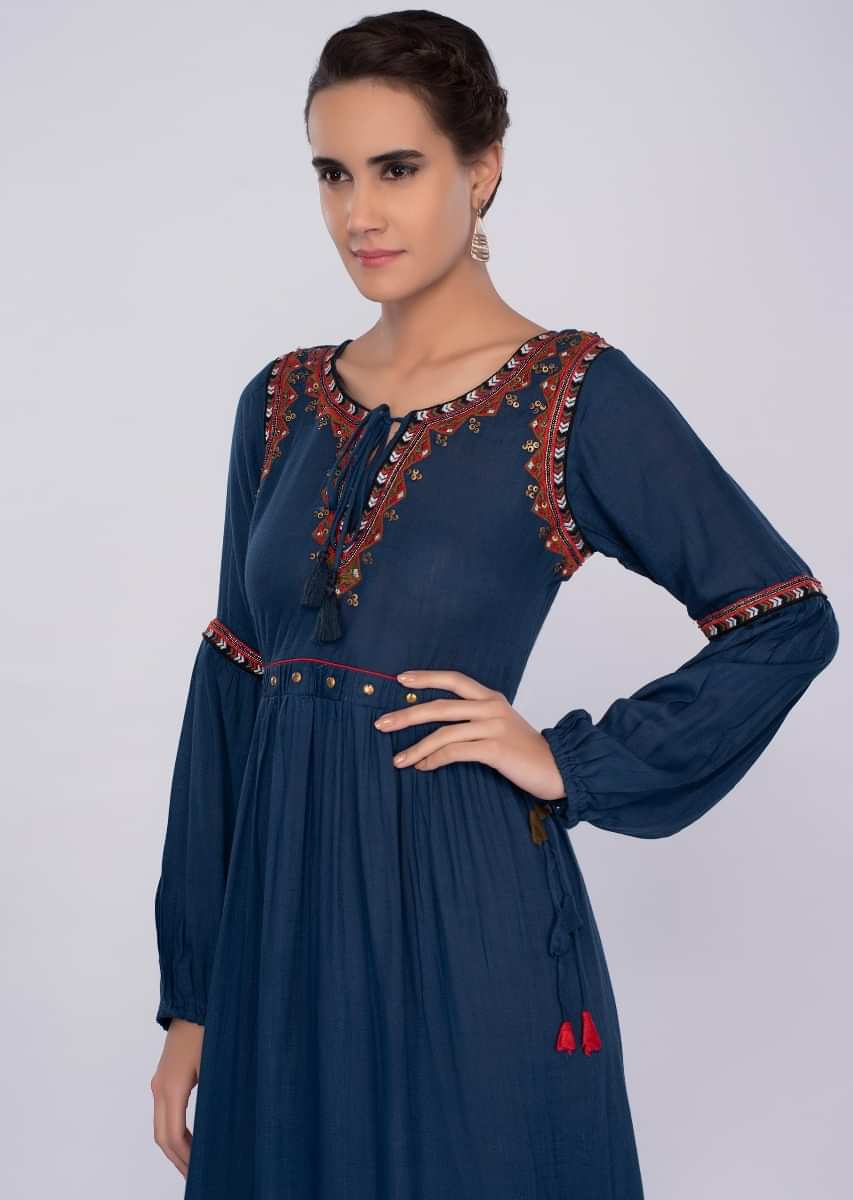 Persian blue cotton tunic dress with gathers only on kalki