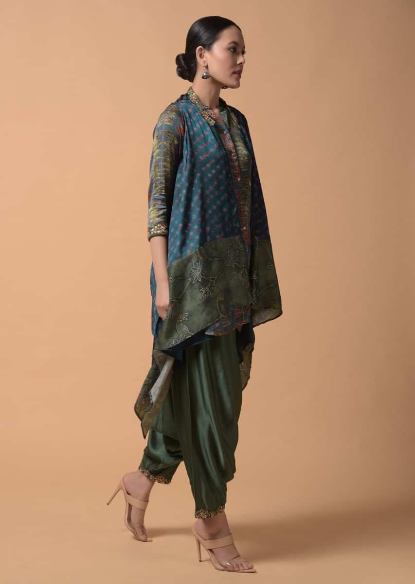 Persian Blue Dhoti Suit In Satin With Printed Leaf Design And Bandhani Printed Jacket  