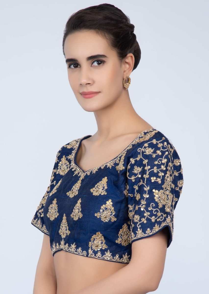 Persian blue raw silk blouse with embroidery and butti only on Kalki