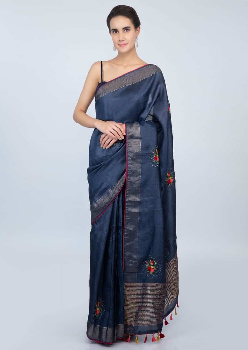 Persian blue tussar silk saree with multi color thread embroidered butti only on kalki