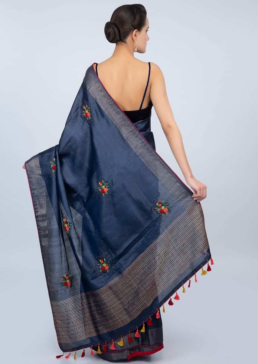 Persian blue tussar silk saree with multi color thread embroidered butti only on kalki