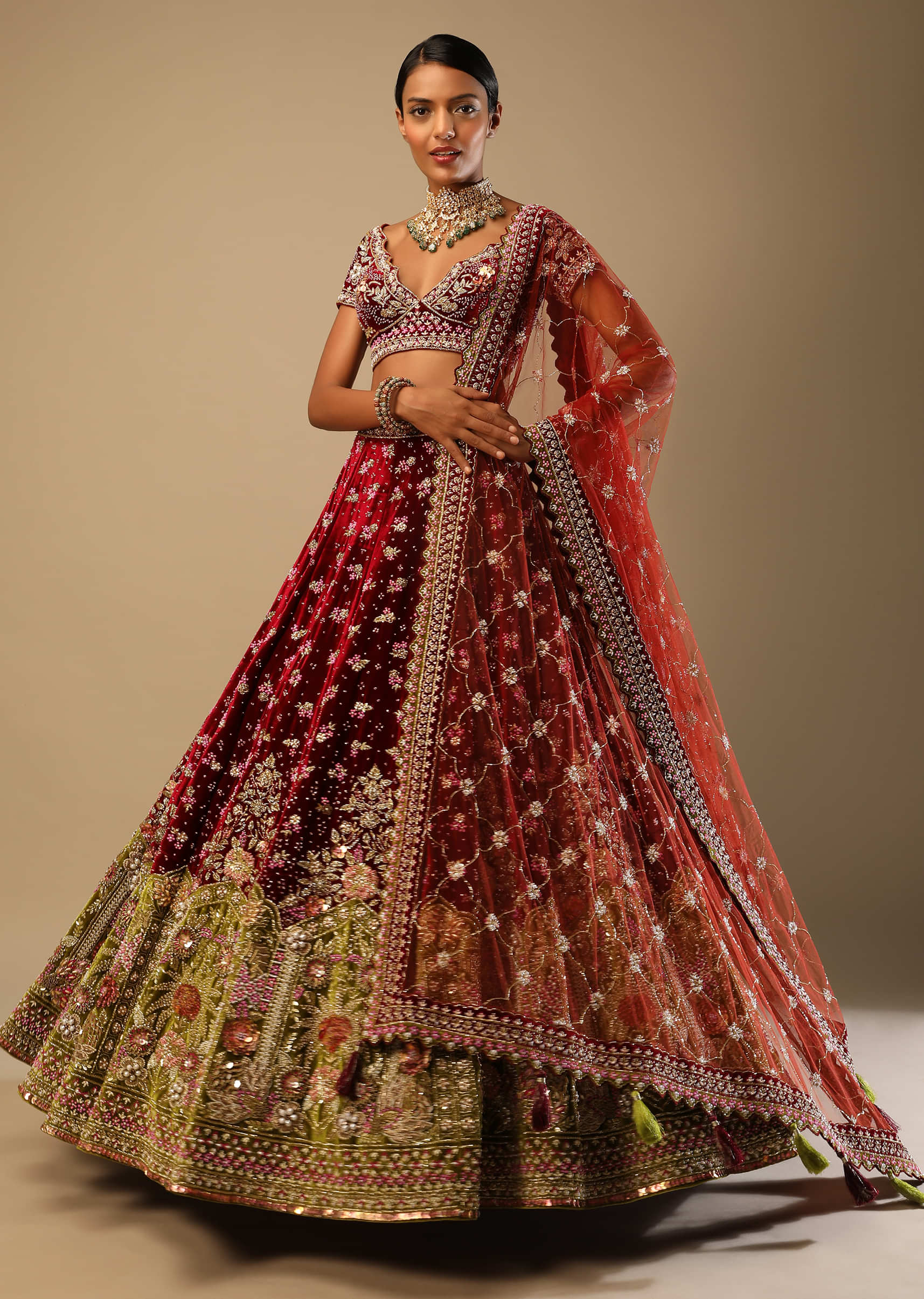 Persian Red Lehenga Choli In Velvet With Moss Green Mughal Border And Multi Colored Hand Embroidered Flowers 