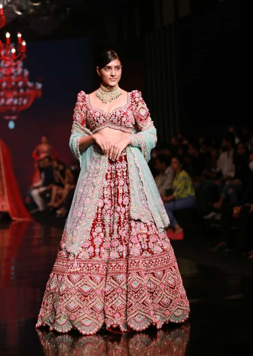 Persian Red Lehenga Puff Sleeves Choli With Multi Colored Hand Embroidered Floral Kali And Scalloped Border 