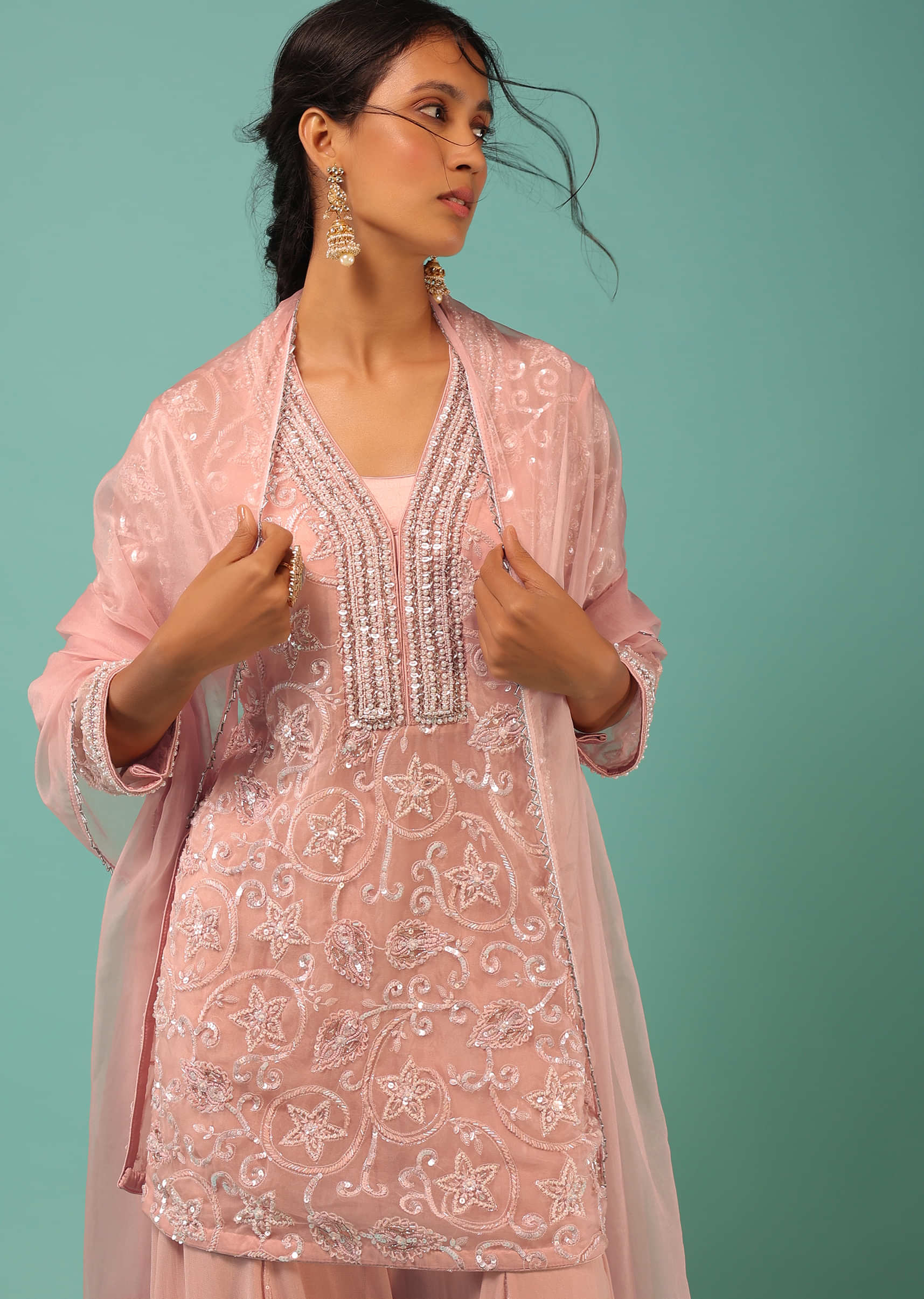 Petal Pink Sharara Suit With Cut Dana And Moti Detailed Jaal Design