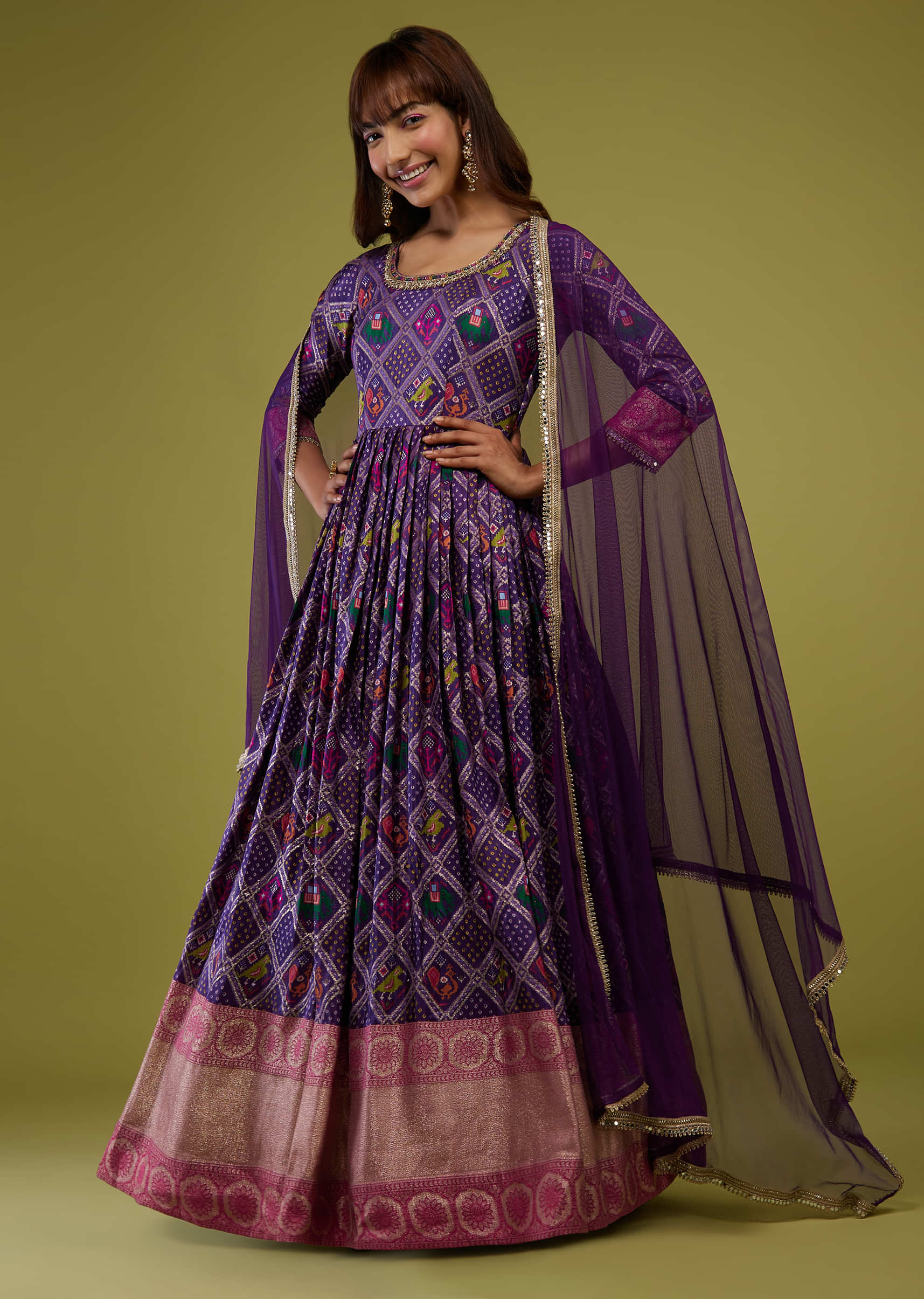 Violet Purple Silk Anarkali Suit With Banarasi Zari Border