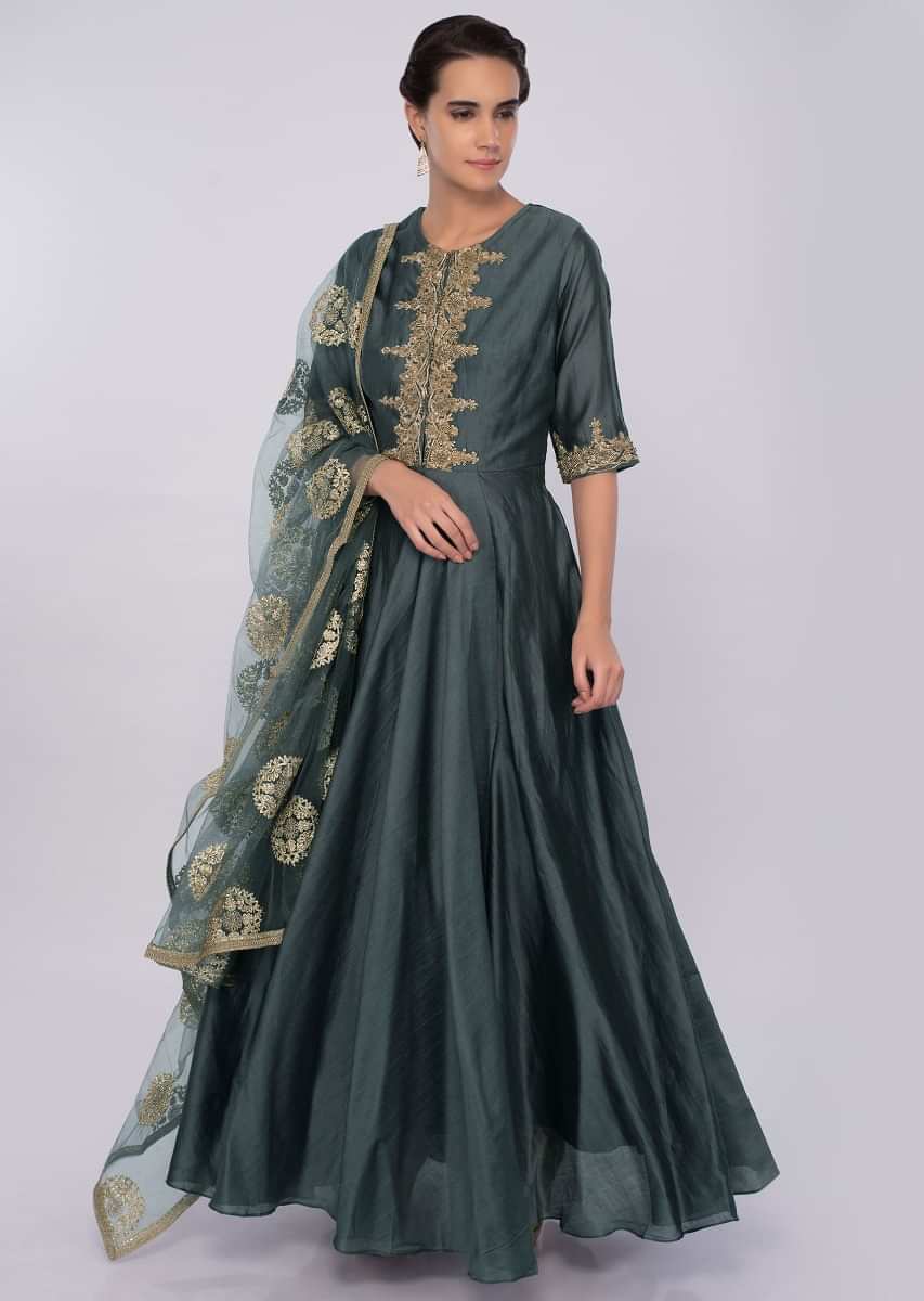 Pewter grey cotton silk anarkali dress with lace embroidered placket only on kalki