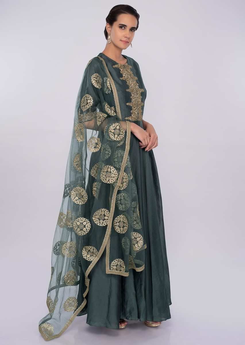 Pewter grey cotton silk anarkali dress with lace embroidered placket only on kalki