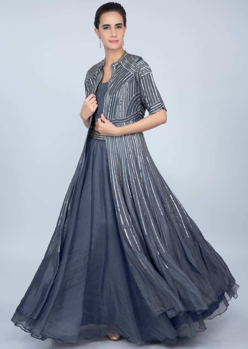 Pewter Grey Lehenga With Crop Top Blouse And Long Embroidered Jacket Online - Kalki Fashion
