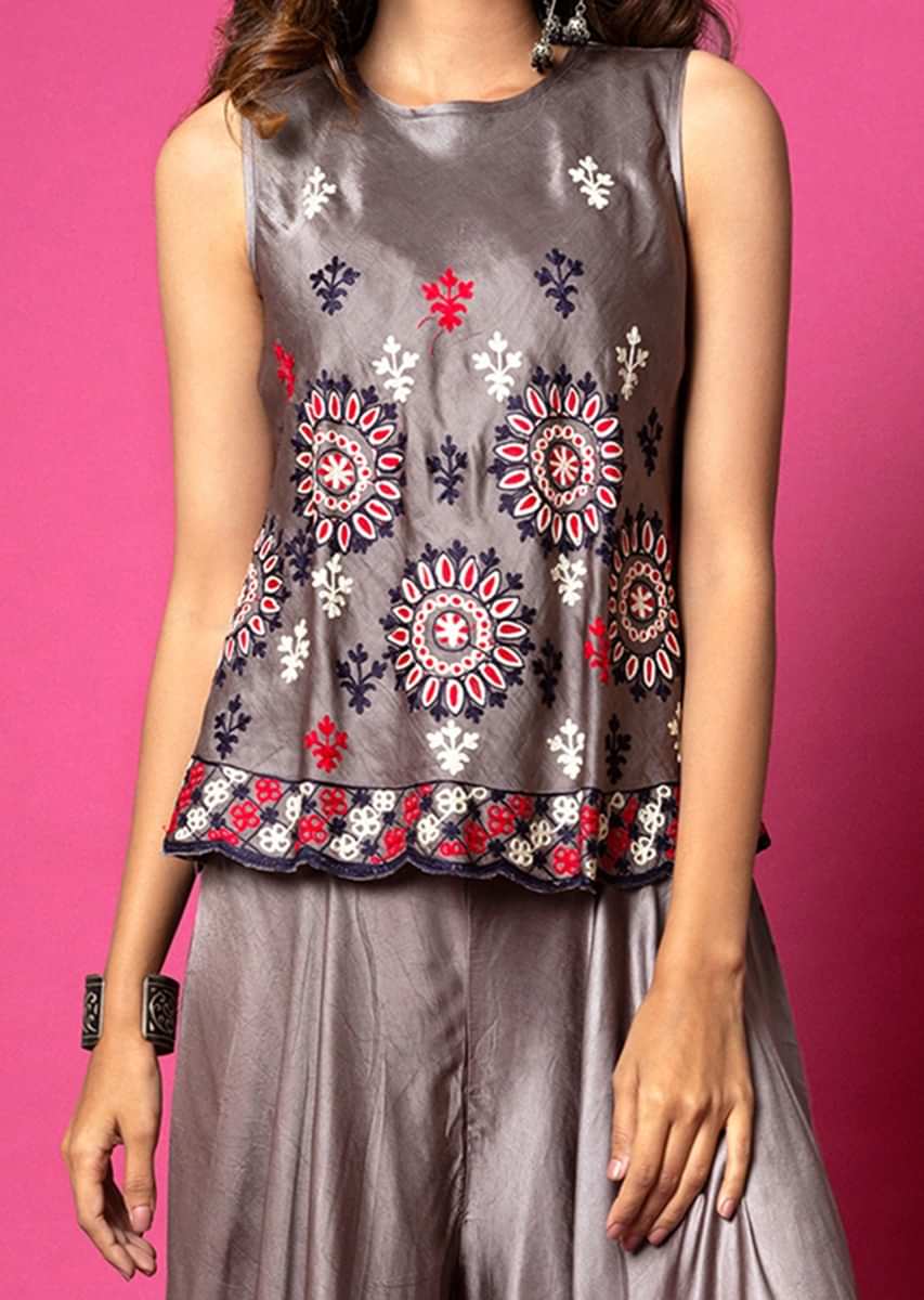 Pewter Grey Top And Waterfall Palazzo Pants Set Adorned In Aari Embroidery  