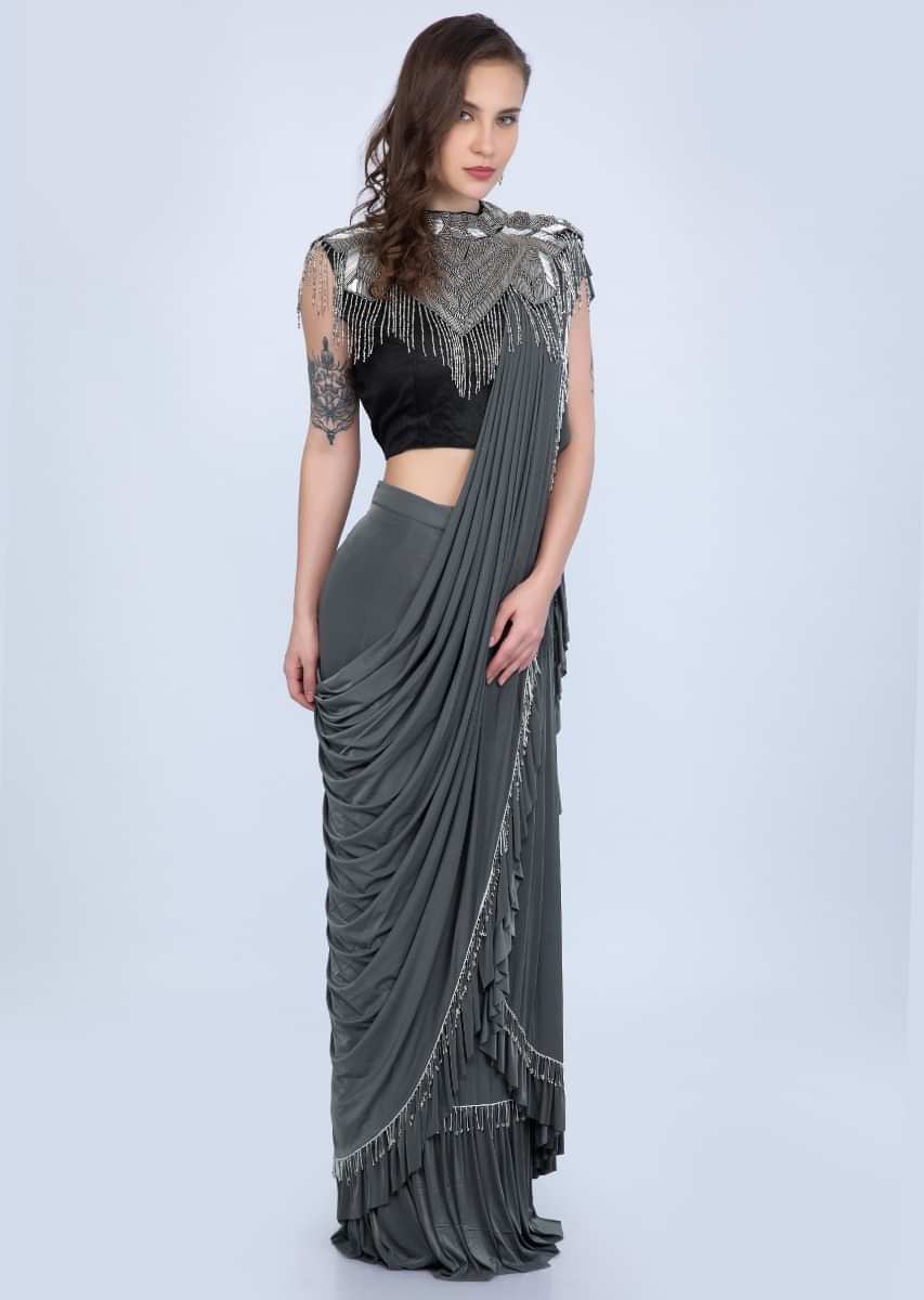 Pewter grey wrap around lycra saree with prestitched draped pallo only on Kalki