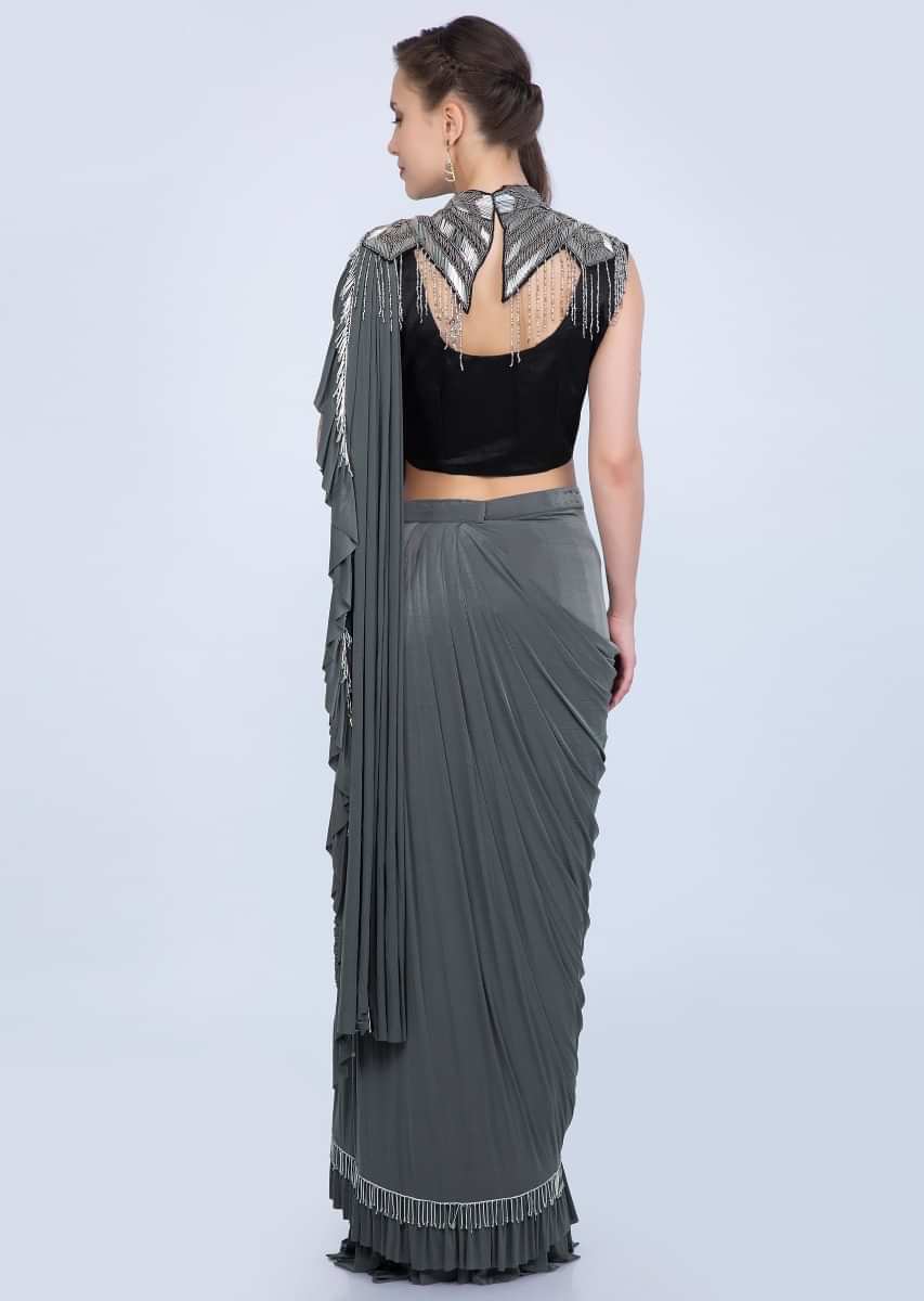 Pewter grey wrap around lycra saree with prestitched draped pallo only on Kalki