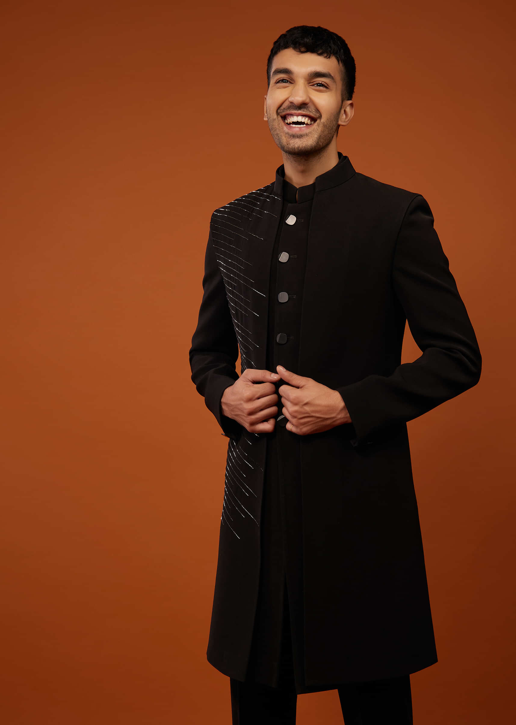 Phantom Black Indo-Western Sherwani Set Embroidered In Imported Suiting Fabric