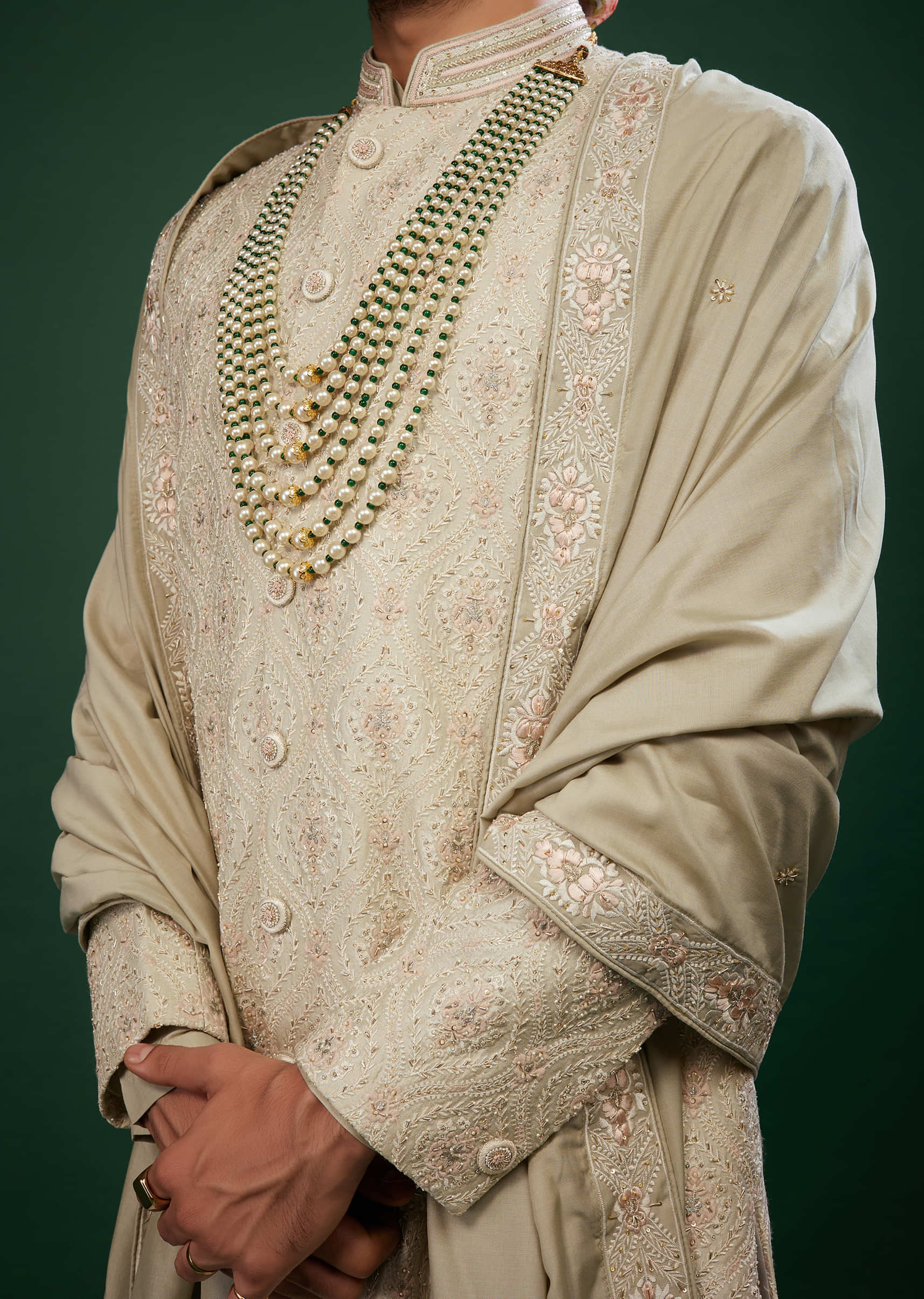 Beige Silk Sherwani Set With Embroidery