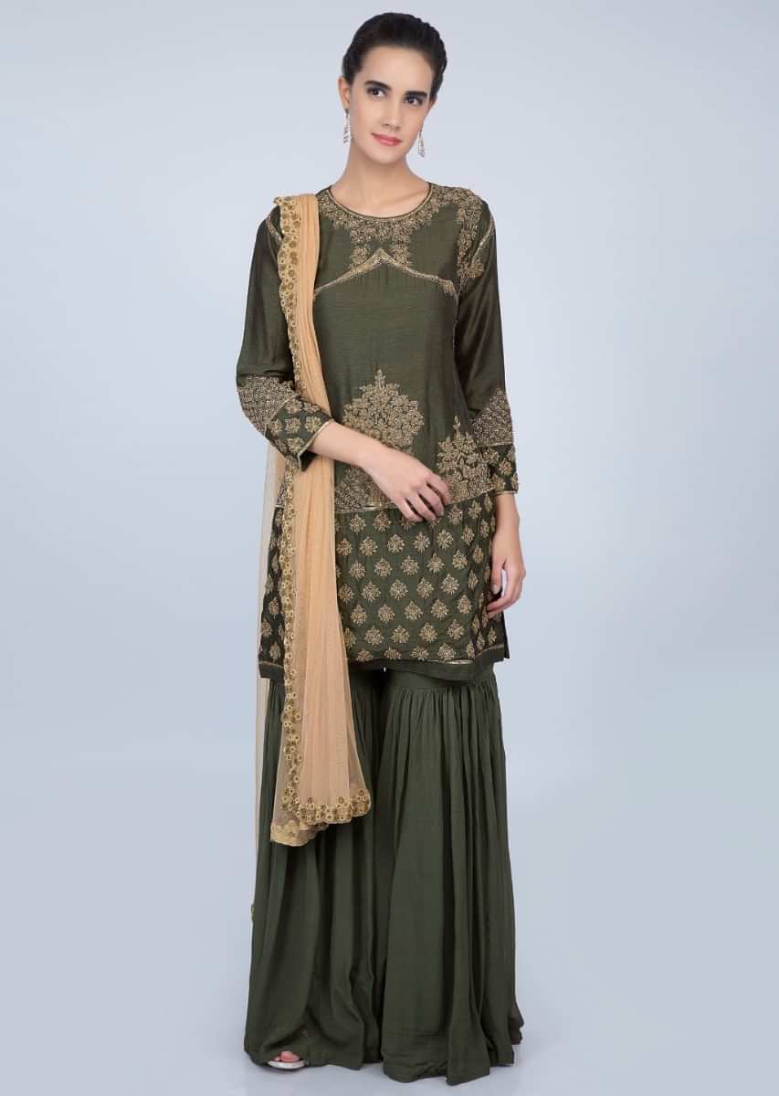 Pickle green embroidered sharara suit set only on kalki