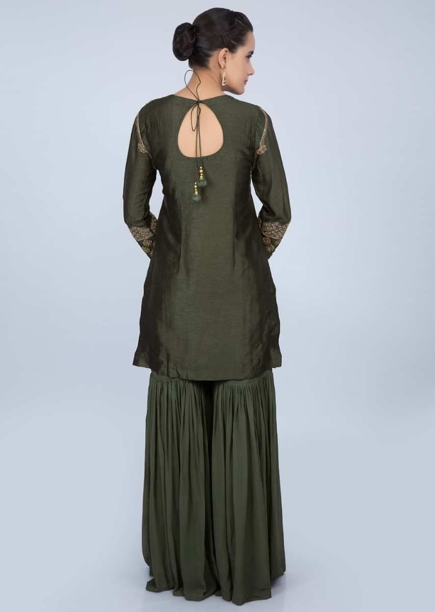 Pickle green embroidered sharara suit set only on kalki