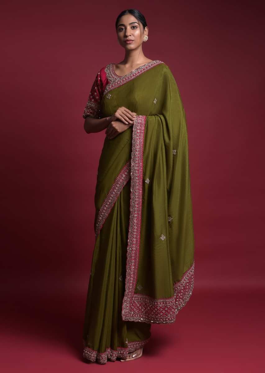 Buy Pickle Green Saree In Cotton Silk With Embroidered Buttis And  Contrasting Pink Blouse Online - Kalki Fashion