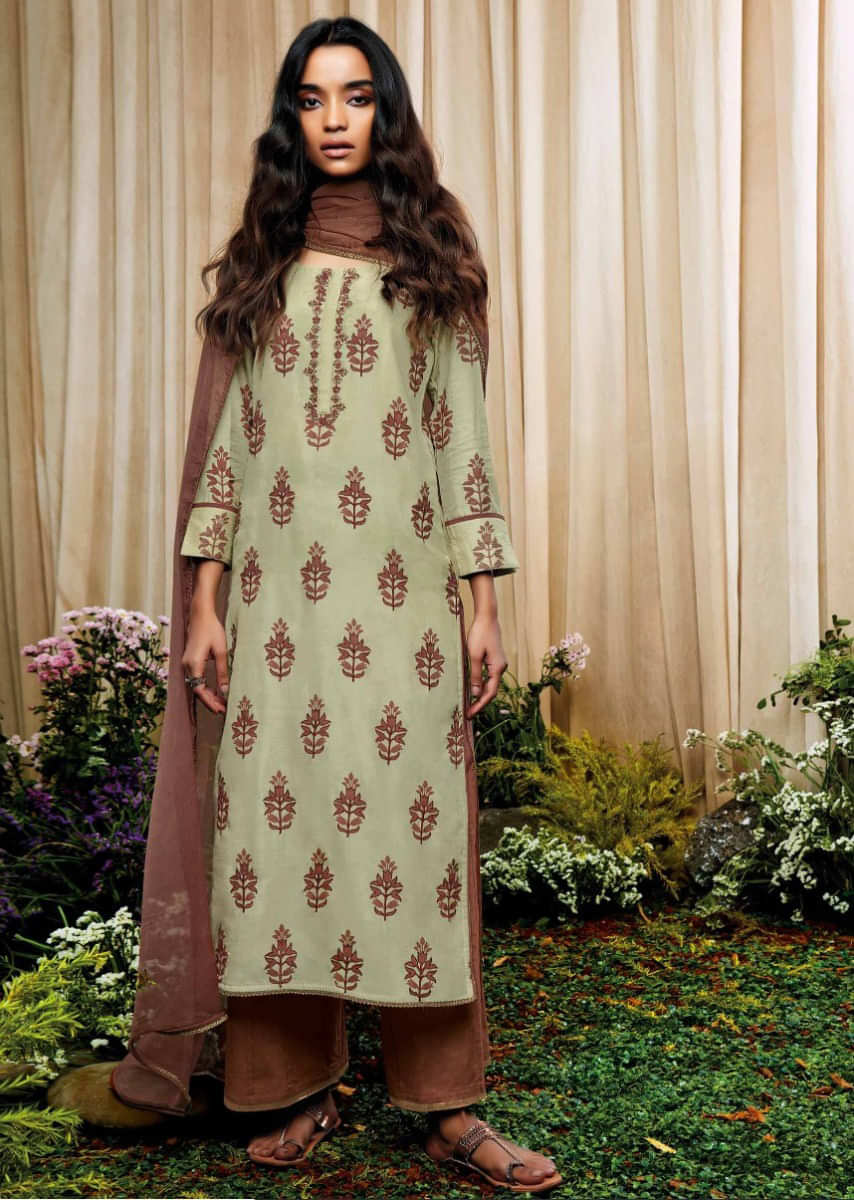 Pickle Green Unstitched Suit With Thread And Zari Embroidered Butti And Placket Online - Kalki Fashion