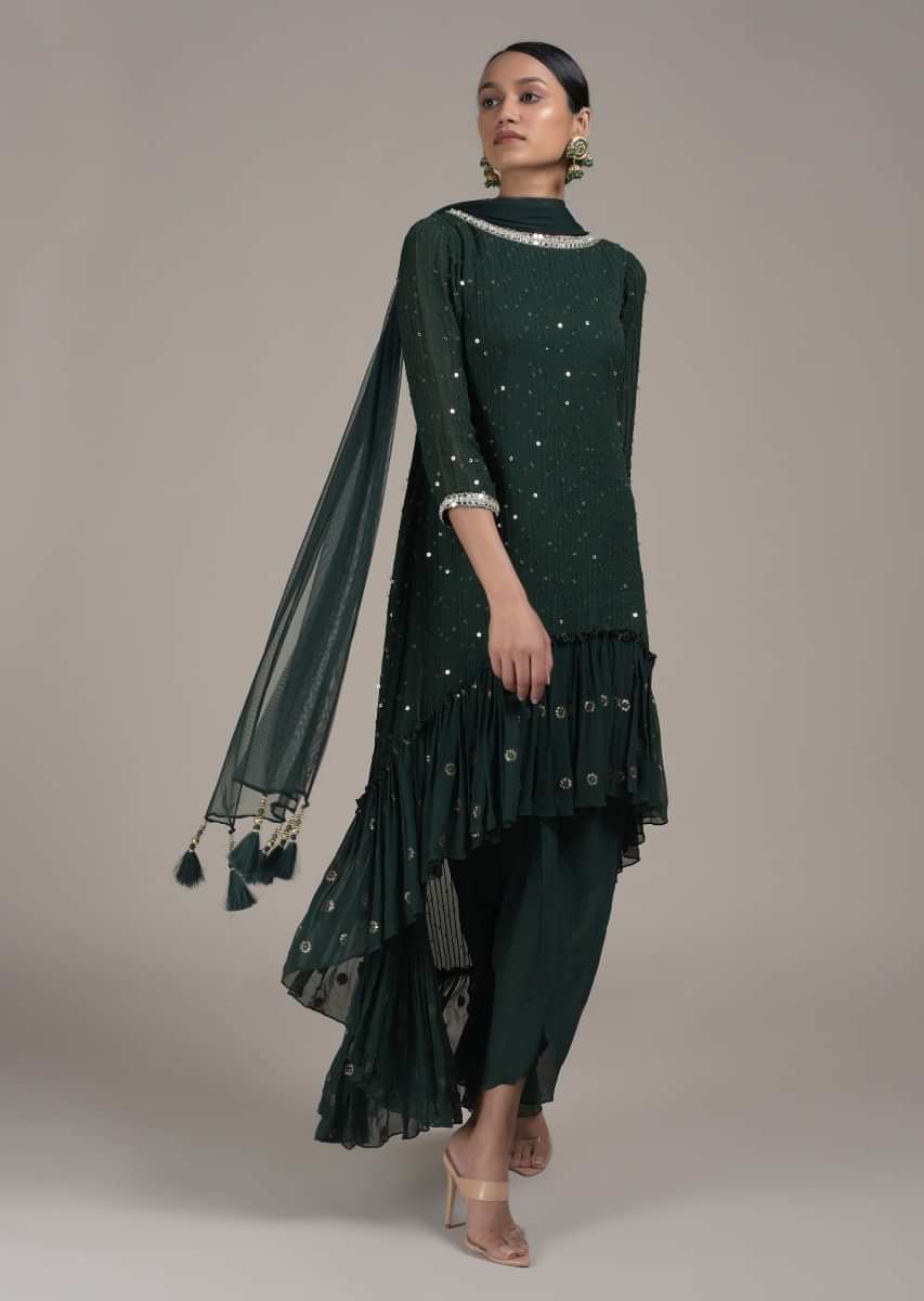 Pine Green Dhoti Suit With Flared Frill Kurti Embroidered Using Sequins And Thread In Striped Design  
