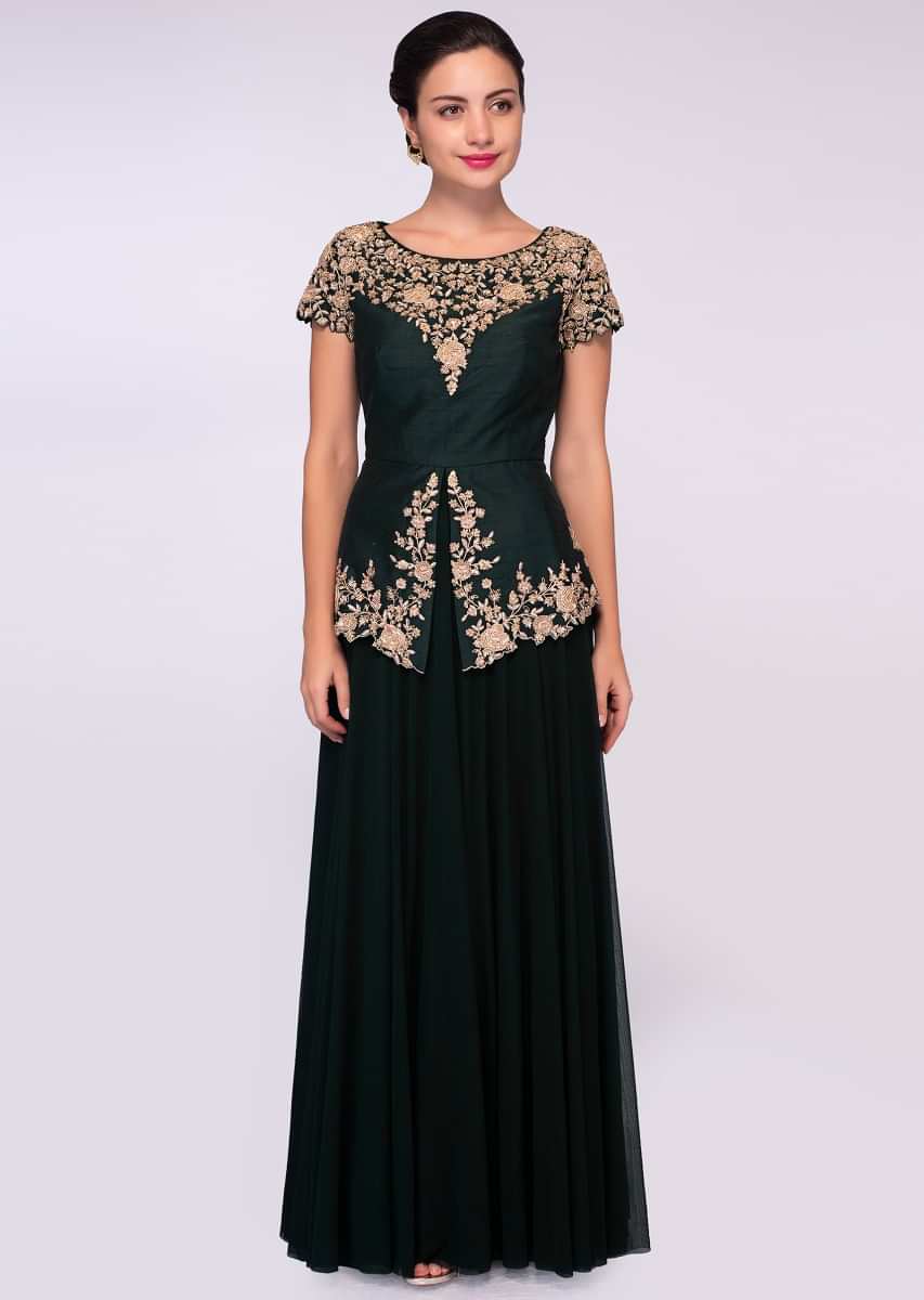 Pine green lycra net gown with embroidered peplum style bodice 