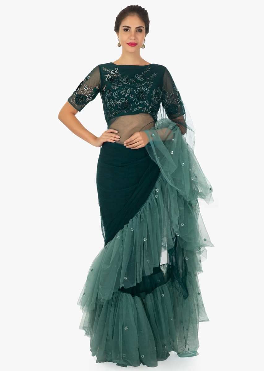 Pine-green-pre-stitched-freel-saree-and-blouse-in-3-D-flower-only-on-kalki-443920
