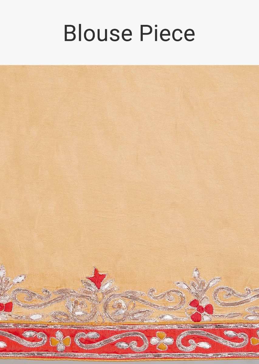 Pine yellow dupion silk saree with gotta embroidered border only on kalki