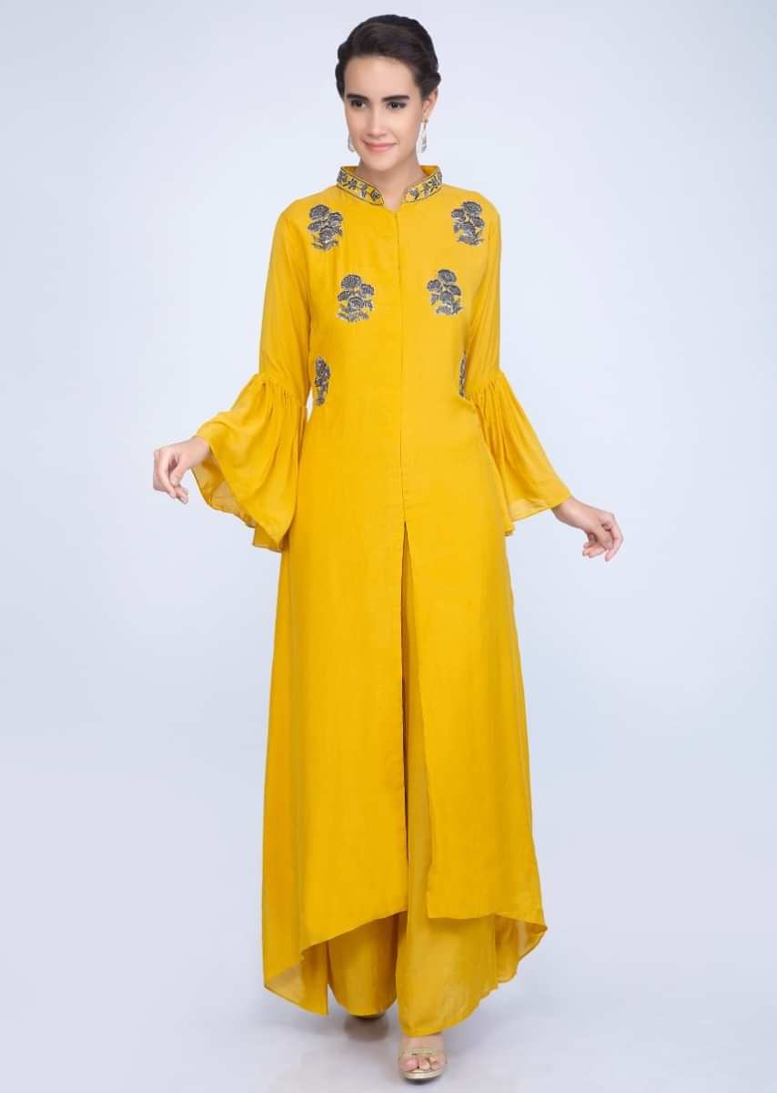 Pine yellow palazzo suit set with center slit only on Kalki