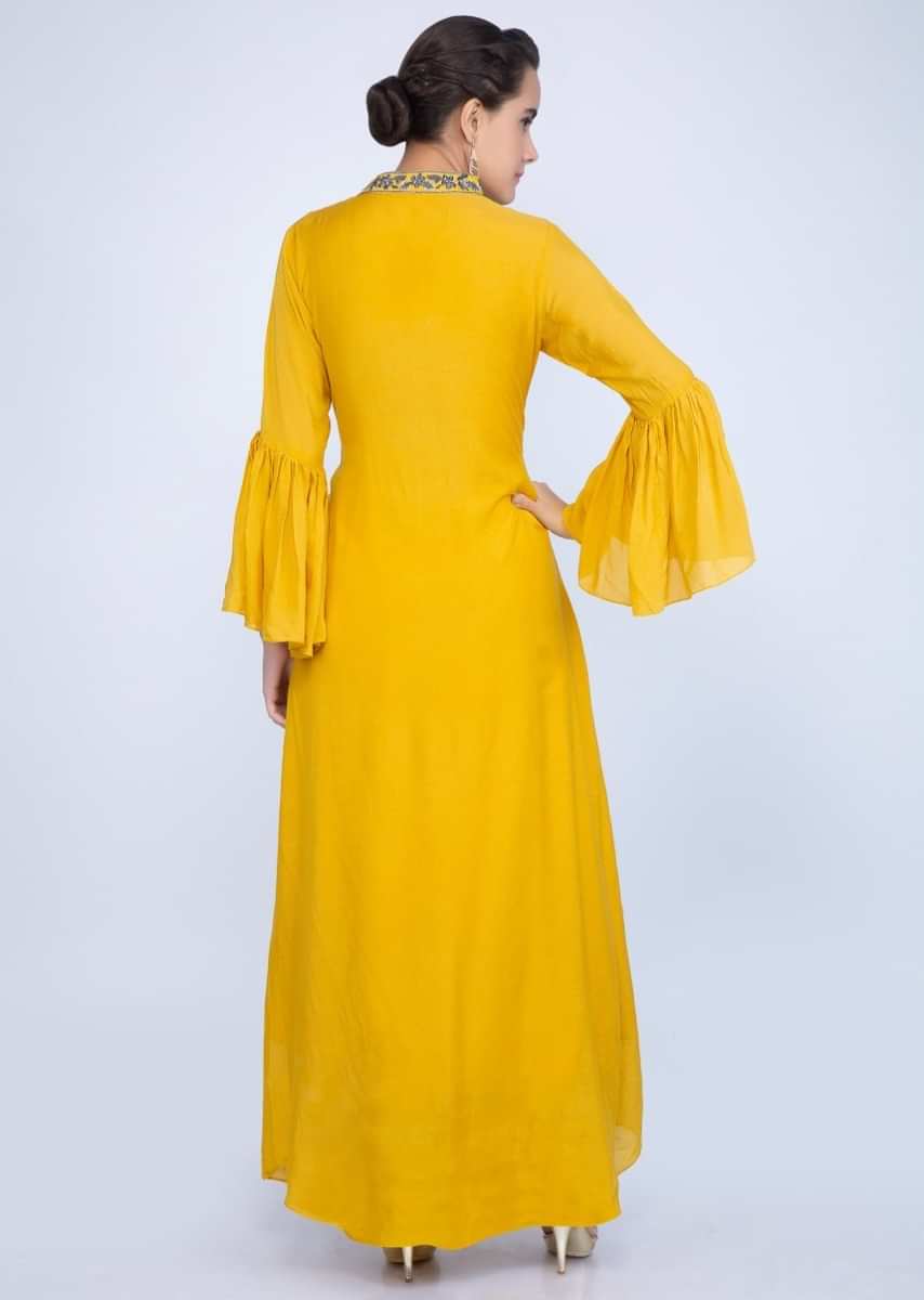 Pine yellow palazzo suit set with center slit only on Kalki