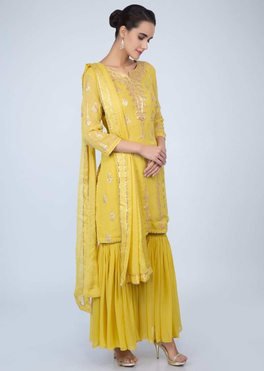 Pine Yellow Sharara Suit In Georgette With Zari Embroidery And Butti Online - Kalki Fashion