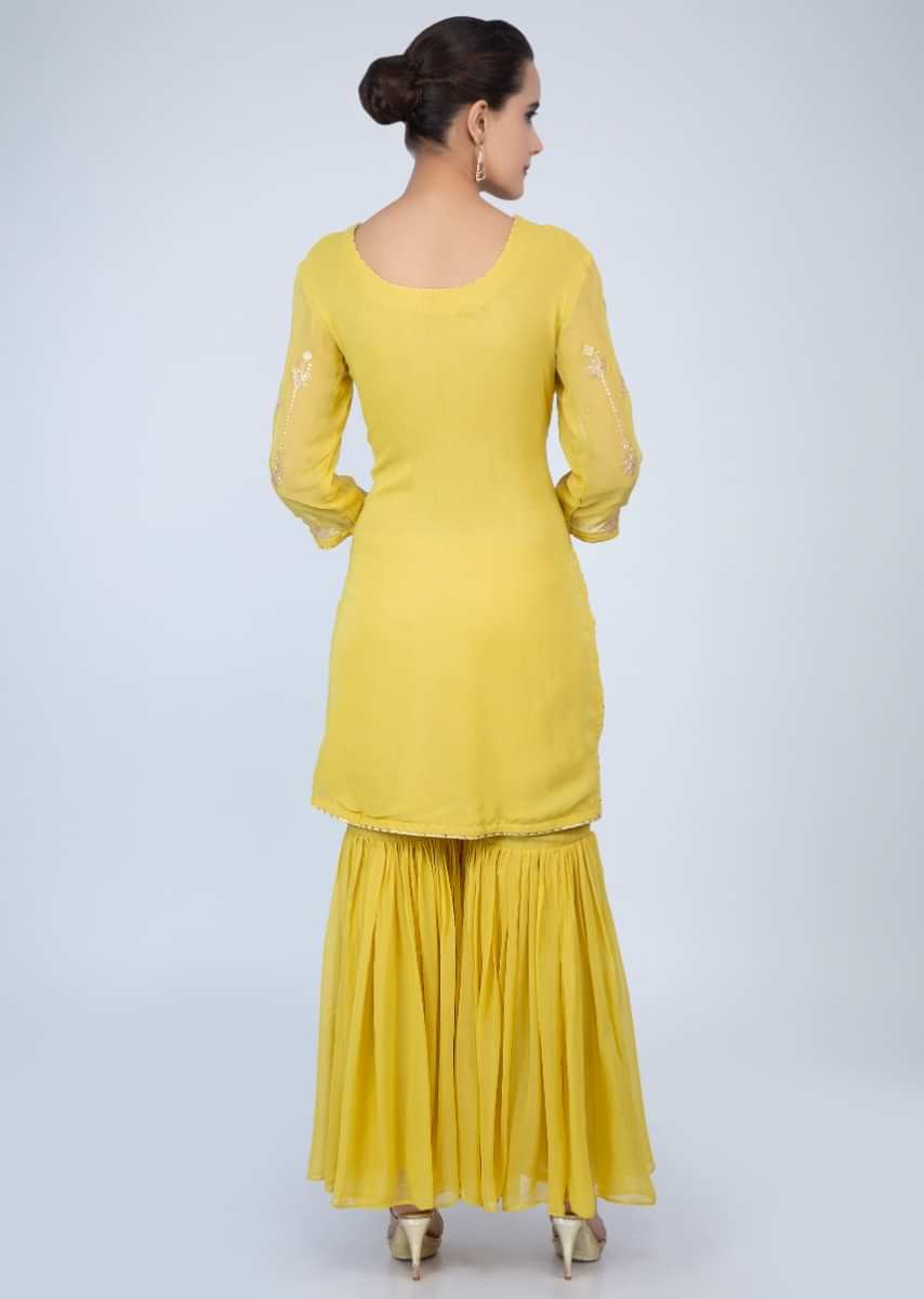 Pine Yellow Sharara Suit In Georgette With Zari Embroidery And Butti Online - Kalki Fashion