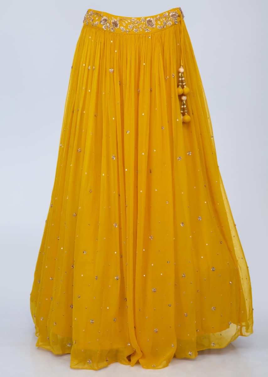 Pine Yellow Lehenga With Embroidered Beige Blouse And Lime Yellow Net Dupatta Online - Kalki Fashion