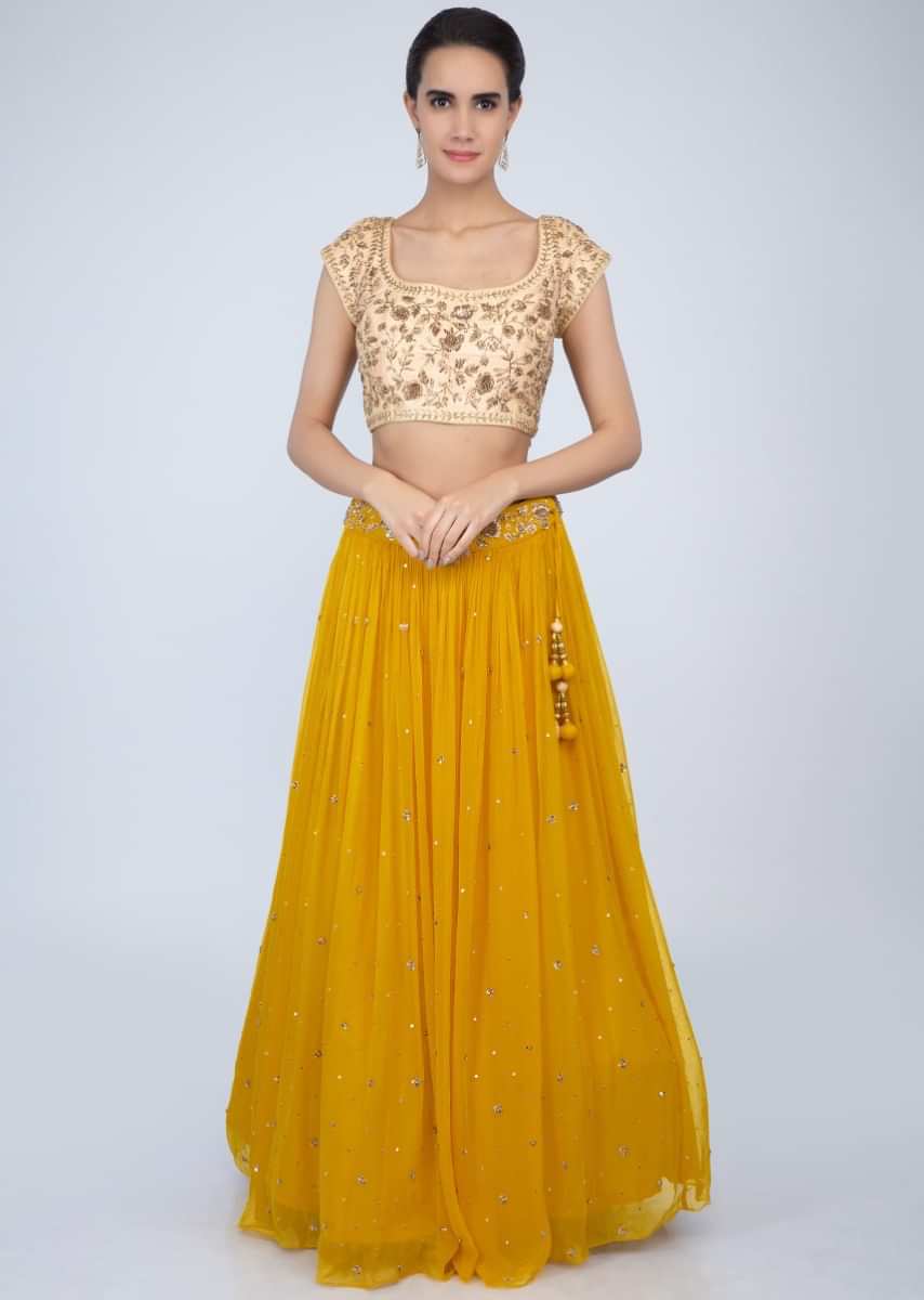 Pine Yellow Lehenga With Embroidered Beige Blouse And Lime Yellow Net Dupatta Online - Kalki Fashion