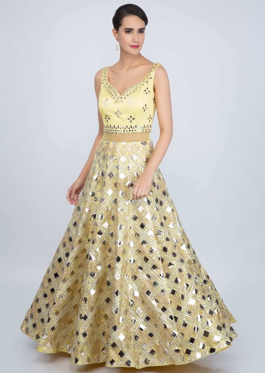 Pine Yellow Anarkali Gown In Net With Applique Work Online - Kalki Fashion