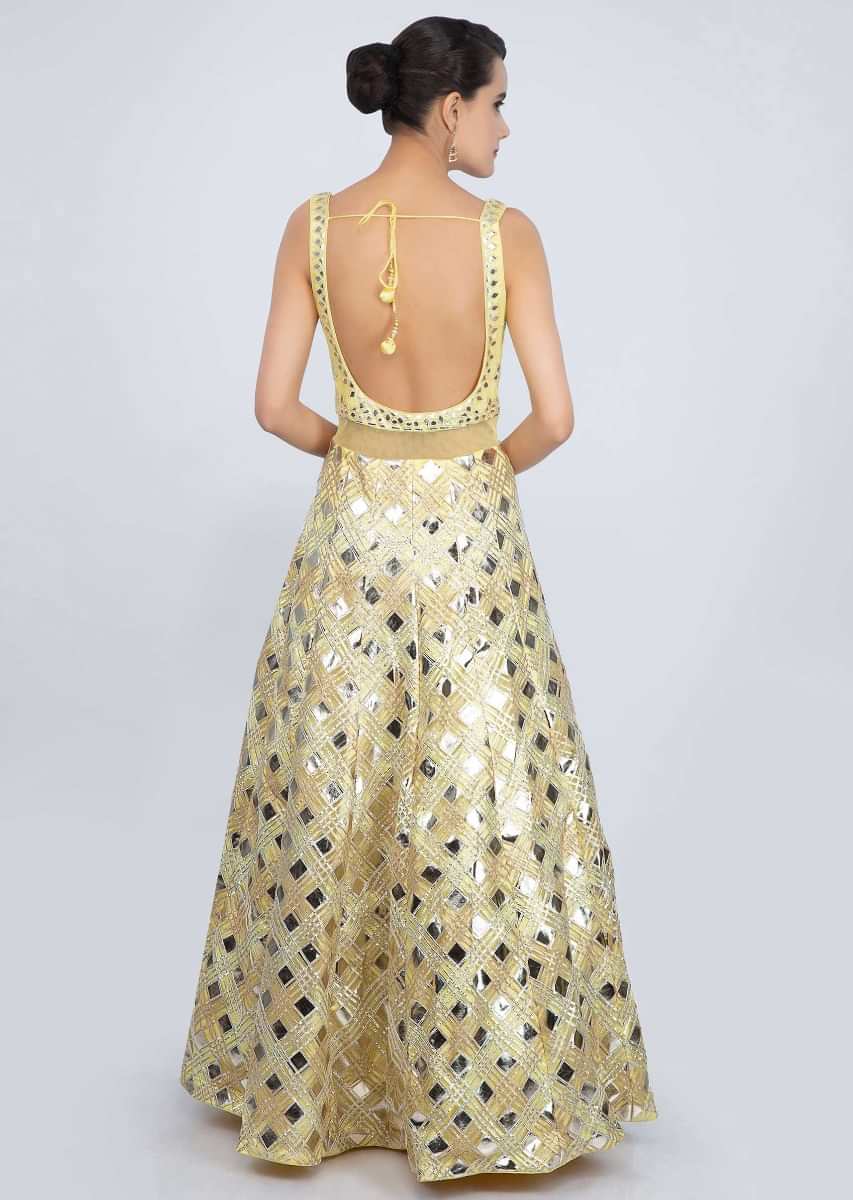 Pine Yellow Anarkali Gown In Net With Applique Work Online - Kalki Fashion