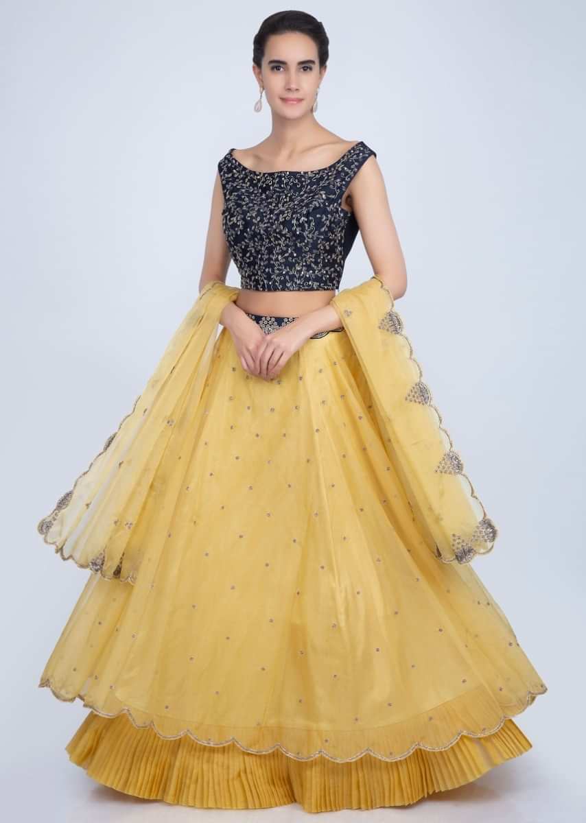 Pine Yellow Lehenga And Dupatta In Organza With Mid Night Blue Embroidered Raw Silk Blouse Online - Kalki Fashion