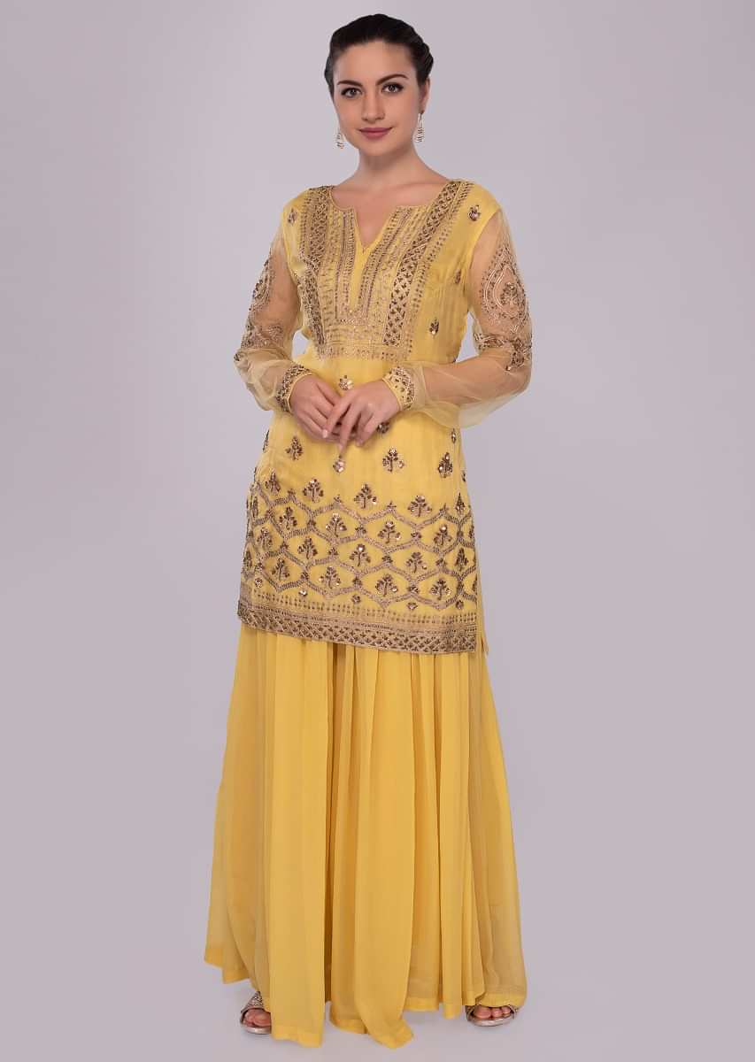 Pine yellow organza suit with georgette palazzo and midnight blue dupatta 