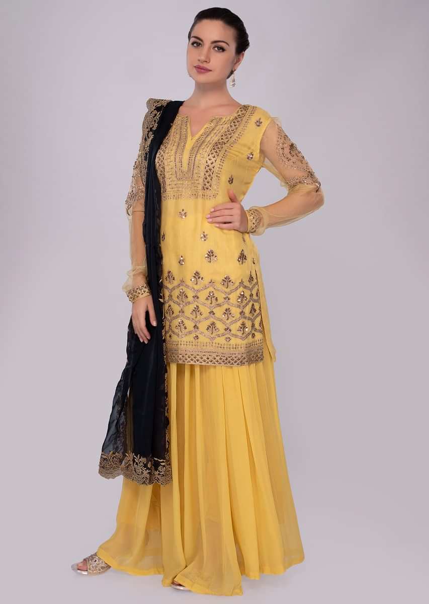 Pine yellow organza suit with georgette palazzo and midnight blue ...